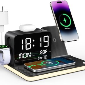 Acer 7-in-1 Wireless Charging Station – MagSafe Dual Phone Charger with Night Light & Bluetooth Time Sync for iPhone, AirPods, iWatch & Android Devices (Black)