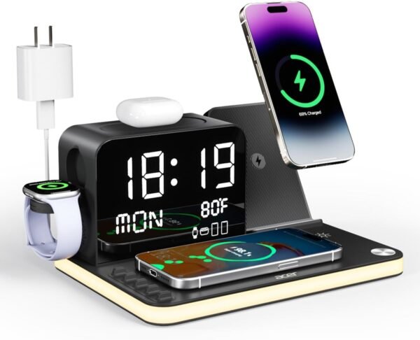 Acer 7-in-1 Wireless Charging Station – MagSafe Dual Phone Charger with Night Light & Bluetooth Time Sync for iPhone, AirPods, iWatch & Android Devices (Black)