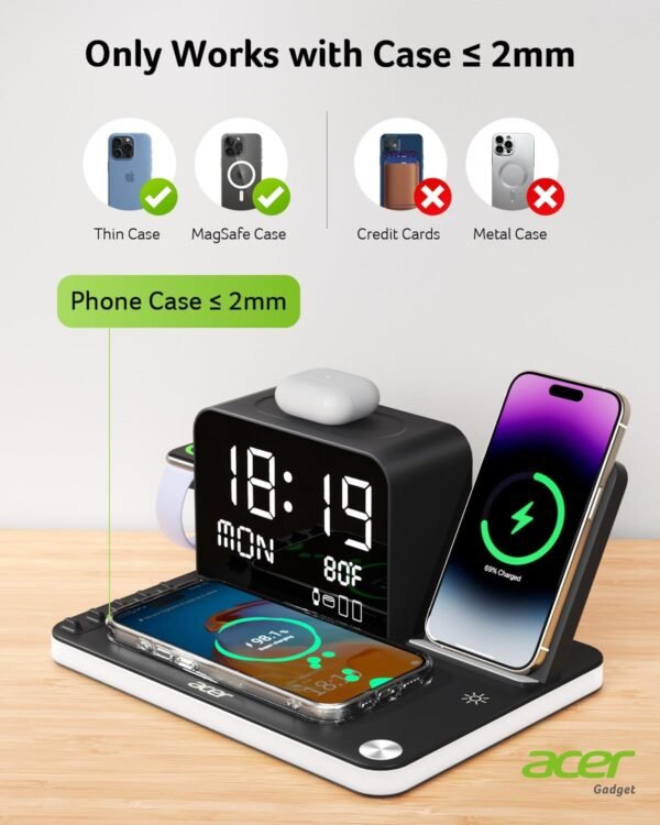 Acer 7-in-1 Wireless Charging Station – MagSafe Dual Phone Charger with Night Light & Bluetooth Time Sync for iPhone, AirPods, iWatch & Android Devices (Black) - Image 7