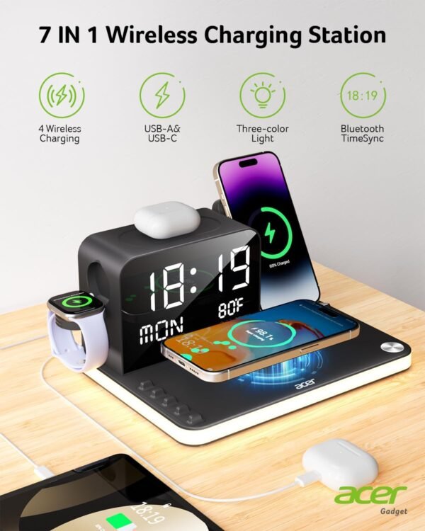 Acer 7-in-1 Wireless Charging Station – MagSafe Dual Phone Charger with Night Light & Bluetooth Time Sync for iPhone, AirPods, iWatch & Android Devices (Black) - Image 4