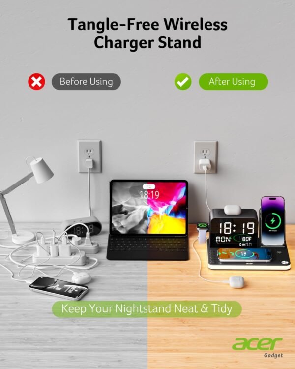 Acer 7-in-1 Wireless Charging Station – MagSafe Dual Phone Charger with Night Light & Bluetooth Time Sync for iPhone, AirPods, iWatch & Android Devices (Black) - Image 3